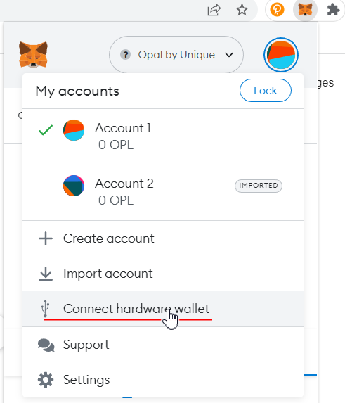 Connecting hardware wallet in Metamask