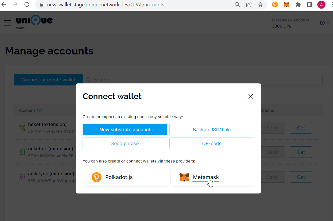 Connect wallet via Metamask